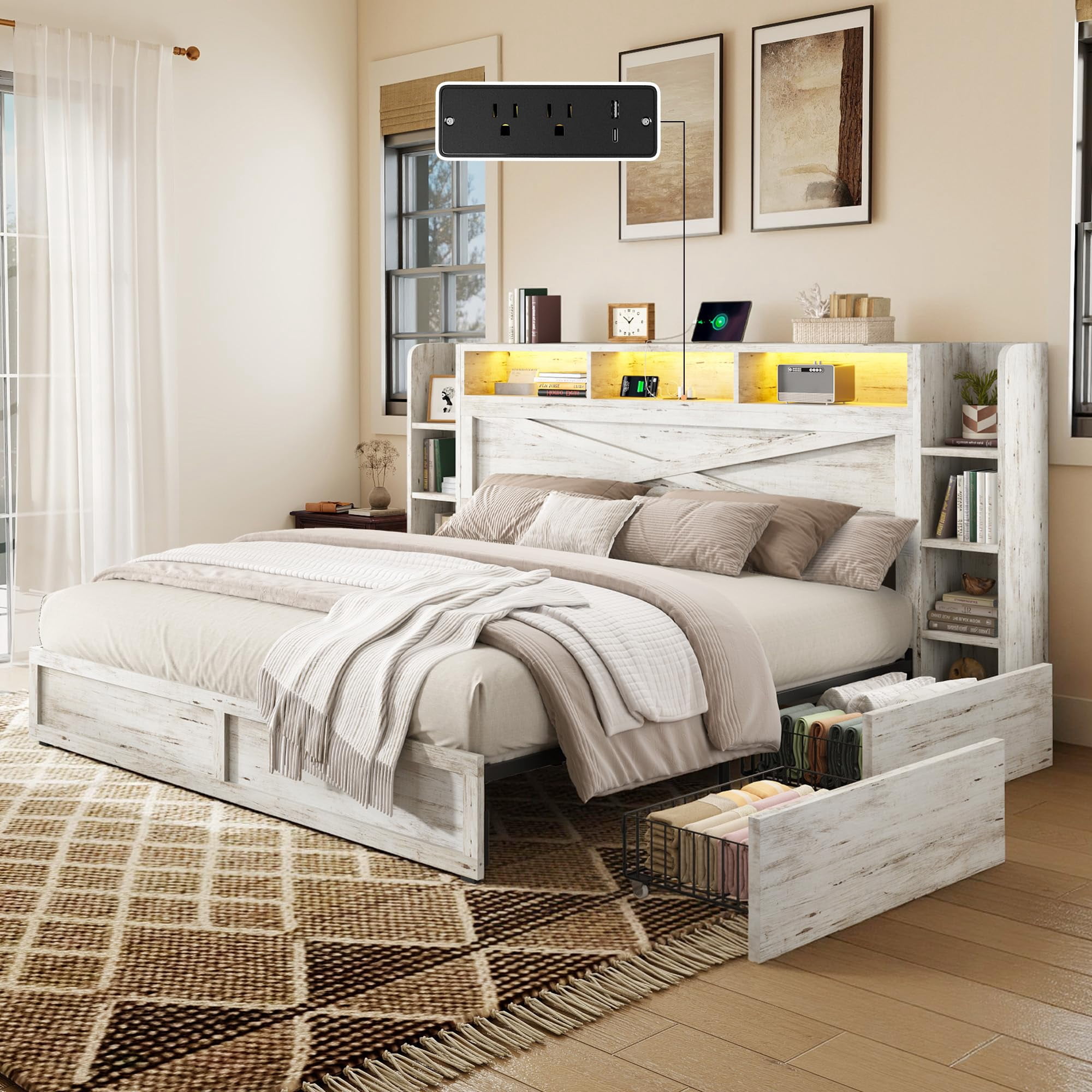 VanAcc 45" Queen Farmhouse Storage Bed Frame with Bookcase Headboard ...
