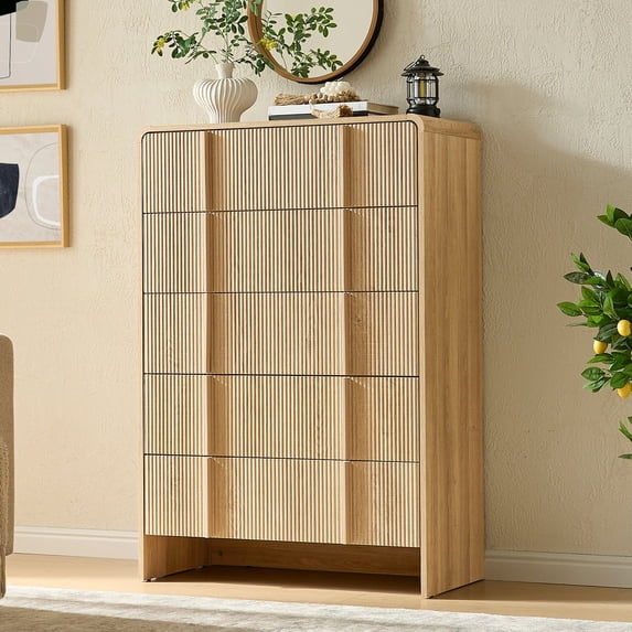 VanAcc 5 Drawer Dresser, 48" Tall Modern Chest of Drawers with Pine Handle, Rounded Corners & Anti-Tip for Bedroom, Living Room, Entryway, Natural Oak
