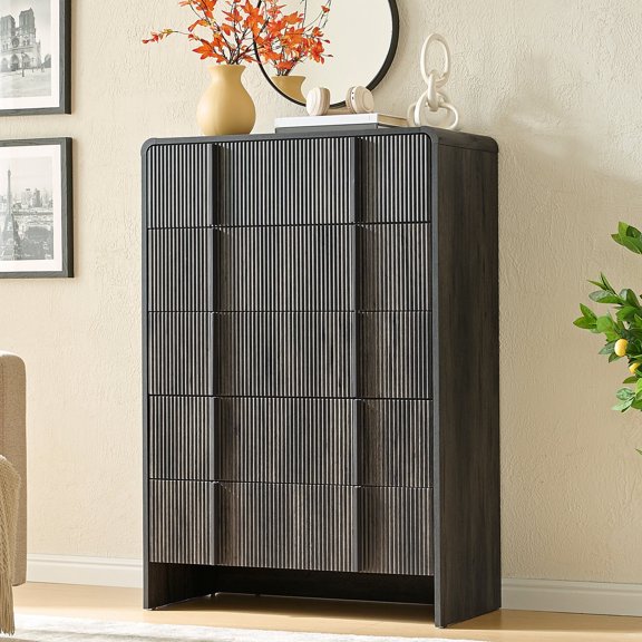 VanAcc 5 Drawer Dresser, 48" Tall Modern Chest of Drawers with Pine Handles, Rounded Corners & Anti-Tip for Bedroom, Living Room, Entryway, Black