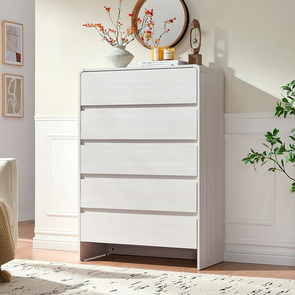 VanAcc 5 Drawer Dresser for Bedroom, 48" Tall Modern Chest of Storage Drawers with Anti-Tip Kit, Wood Cabinet Organizer, Easy Assembly, White