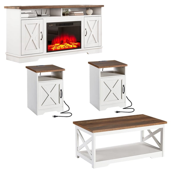 VanAcc 5-Piece Farmhouse Table Set Include 63" TV Stand with 26" Fireplace, 40" Coffee & 2 End Tables with Charging Station, Rustic Oak & White