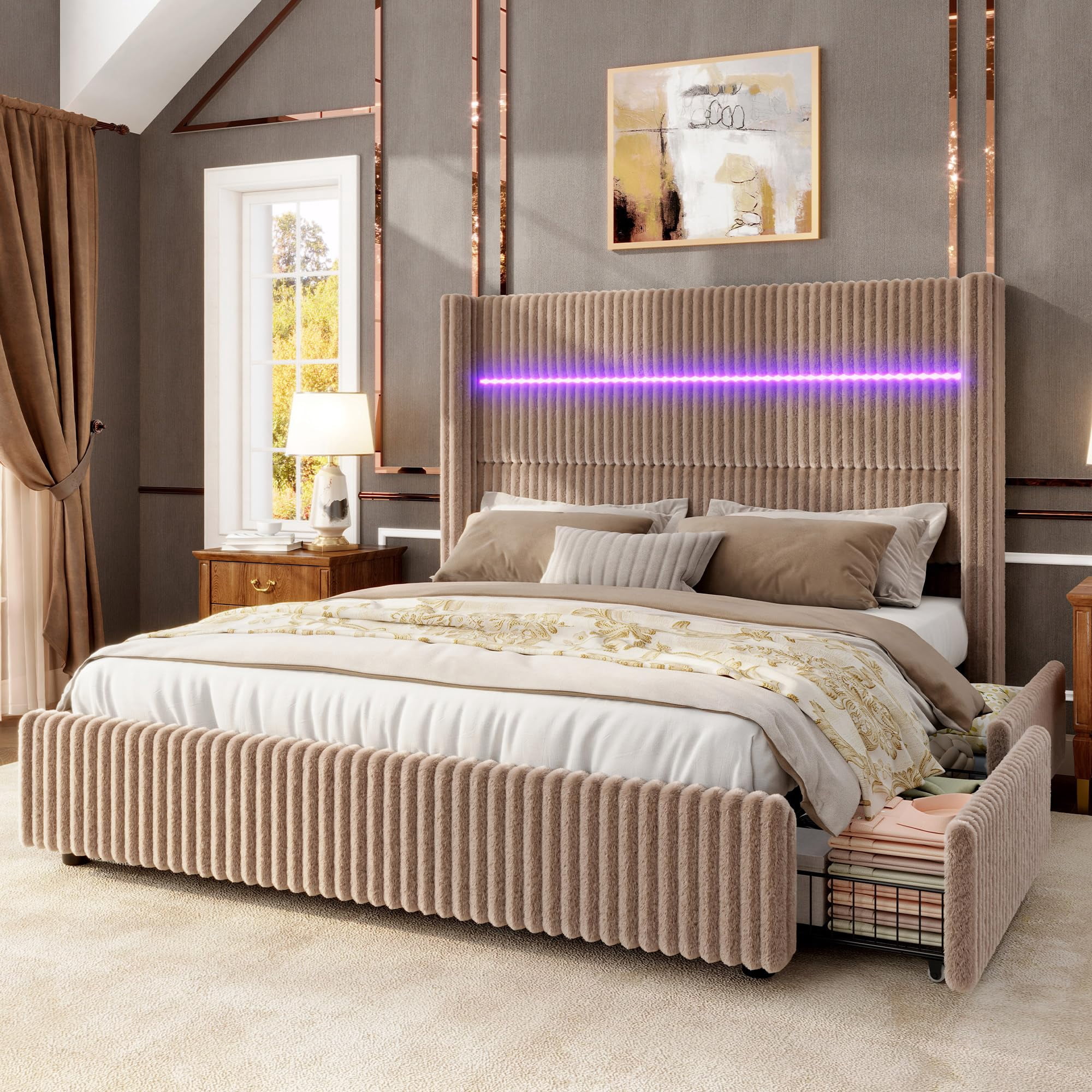 VanAcc 51.2" H Full Size LED Bed Frame, Corduroy Upholstered Platform Bed with 4 Storage Drawers & Charging Station Wingback Headboard, Dark Khaki