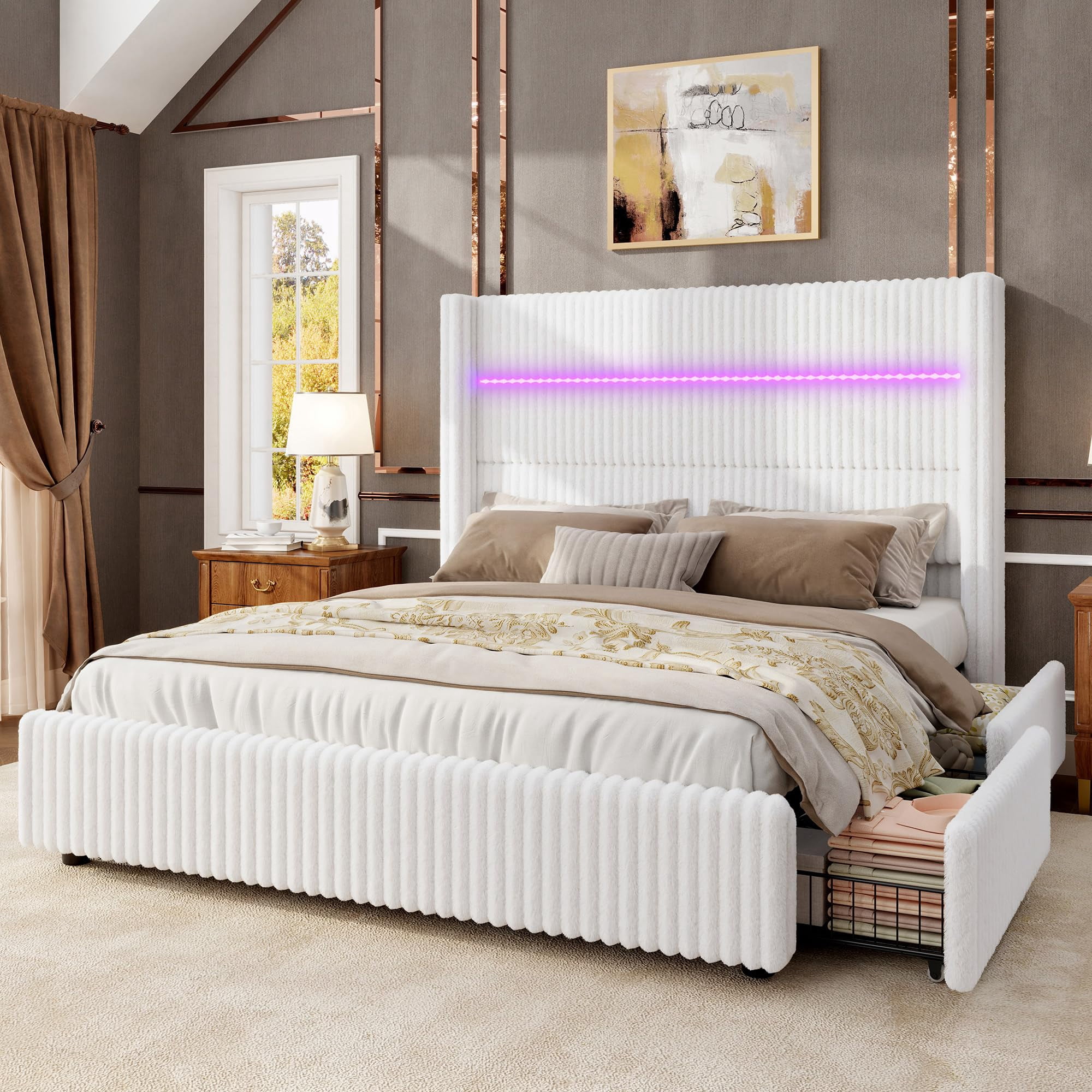 VanAcc 51.2" H Queen Size LED Bed Frame, Corduroy Upholstered Platform Bed with 4 Storage Drawers & Charging Station Wingback Headboard, White