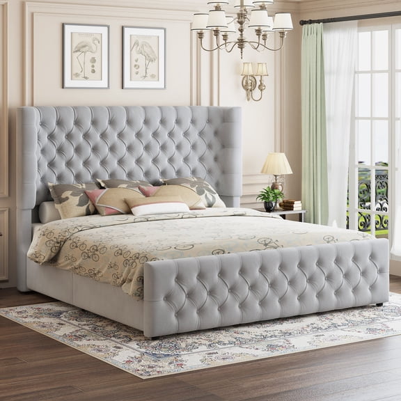 VanAcc 6.3" Thick Wrap Me Up Fluted King Bed by Modern, Light Grey Velvet
