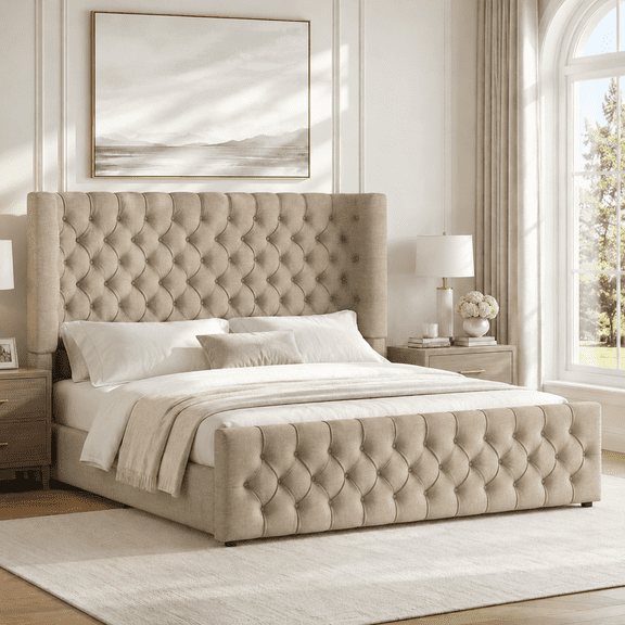 VanAcc 6.3" Thick Wrap Me Up Fluted Queen Bed by Modern, Khaki Linen