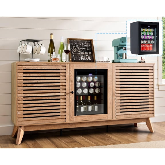 VanAcc 60" Farmhouse Coffee Bar Cabinet with Beverage Fridge (Included), Mini Fridge Cabinet with Wine Storage, for Kitchen Dining Room, Grey