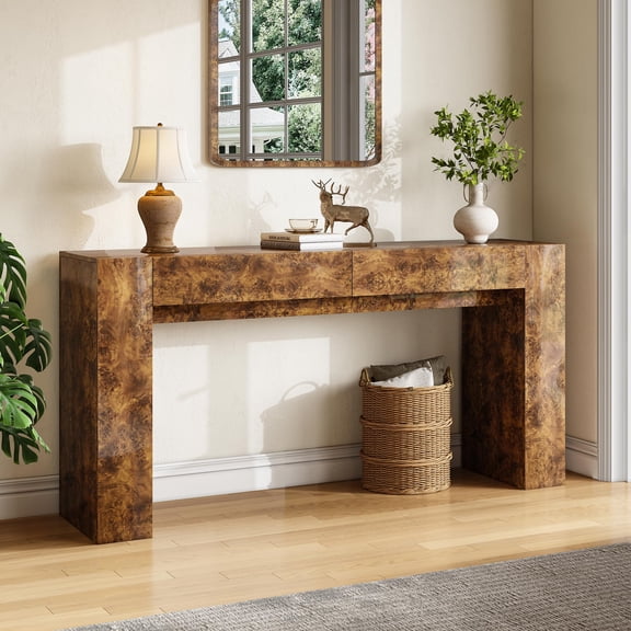 VanAcc 63" Burl Wood Console Table, Modern High Gloss Entryway Table with 2 Storage Drawers for Entrance, Hallway, Foyer, Living Room, Brown