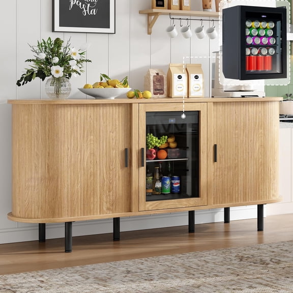 VanAcc 70" Coffee Bar Cabinet with Beverage Fridge (Included), Buffet Sideboard Table for Home, Bar Cabinet with Storage for Dining Room, Natural Oak
