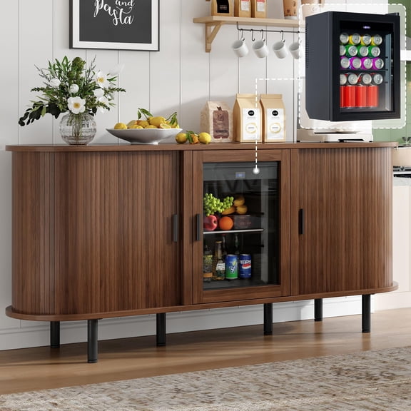 VanAcc 70" Coffee Bar Cabinet with Beverage Fridge (Included), Buffet Sideboard Table for Home, Bar Cabinet with Storage for Dining Room, Walnut