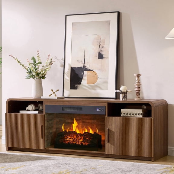 VanAcc 70" Fluted Fireplace TV Stand for TVs Up to 80", Modern TV Console with 30" Electric Fireplace & Storage Cabinets, for Living Room, Brown