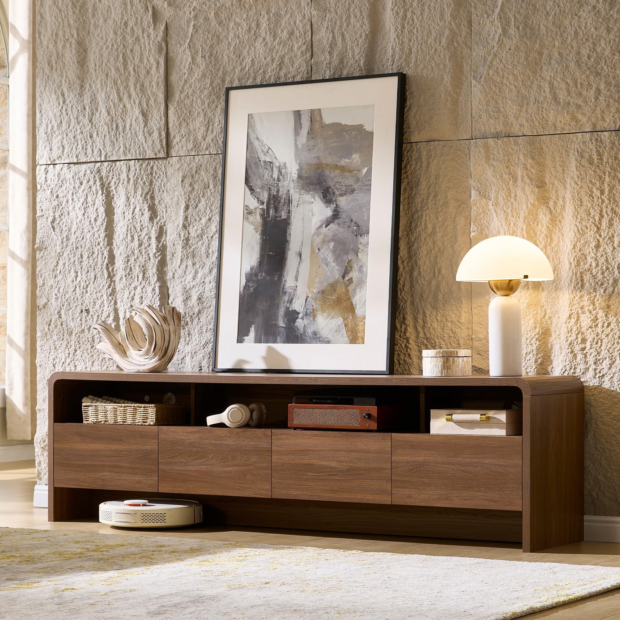 VanAcc 70" Modern TV Stand for TVs Up to 80", Wood TV Console with Curved Profile Design & 2 Storage Cabinets for Living Room, Brown