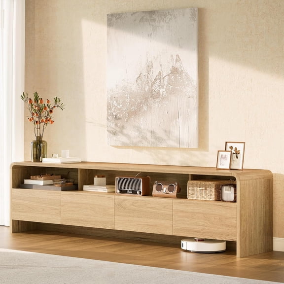 VanAcc 70" Modern TV Stand for TVs Up to 80", Wood TV Console with Curved Profile Design & 2 Storage Cabinets for Living Room, Natural Oak