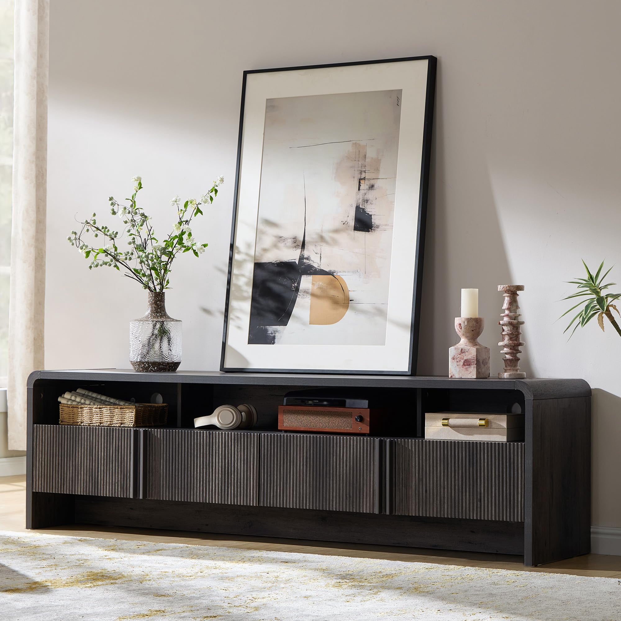 VanAcc 70" Modern TV Stand for TVs up to 80", Fluted TV Console with Storage Cabinets, Wood Entertainment Center for Living Room, Black