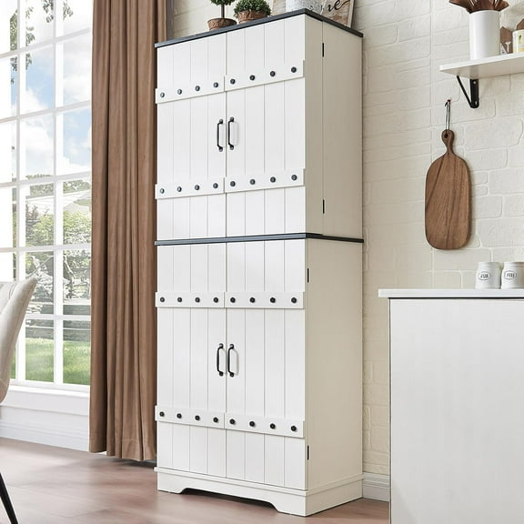 VanAcc 72" Tall Farmhouse Kitchen Pantry Cabinet with Door Organizer & Adjustable Shelves, Wooden Storage Cupboard with Drawer and Barn Doors for Kitchen, Dining Room, Living Room, Distressed White