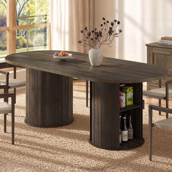 VanAcc 86.6'' Modern Extra Long Oval Dining Table with Hidden Storage, Wooden Dining Table, Seats 6–8, Sturdy Kitchen Furniture, Walnut