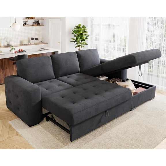 VanAcc 96" Sleeper Sofa, Sofa Bed Couch with Storage Chaise, Sleeper Couch with Pull Out Bed for Living Room(Grey)