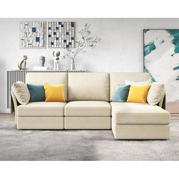 VanAcc 97" Modular Sectional Sofa, Oversized Sectional Sofa with Storage, Ottomans, 4 Seats Couch with Chaise- Beige Chenille