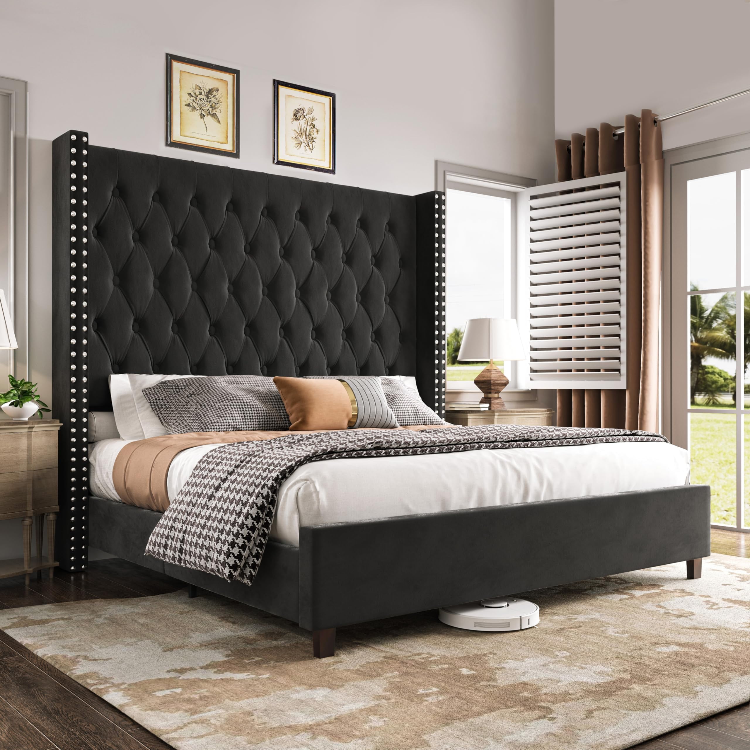 VanAcc California King Platform Bed Frame 61.4" Handmade Headboard Velvet Tall Upholstered Bed Deep Button Tufted for Bedroom, Easy Assembly, Black