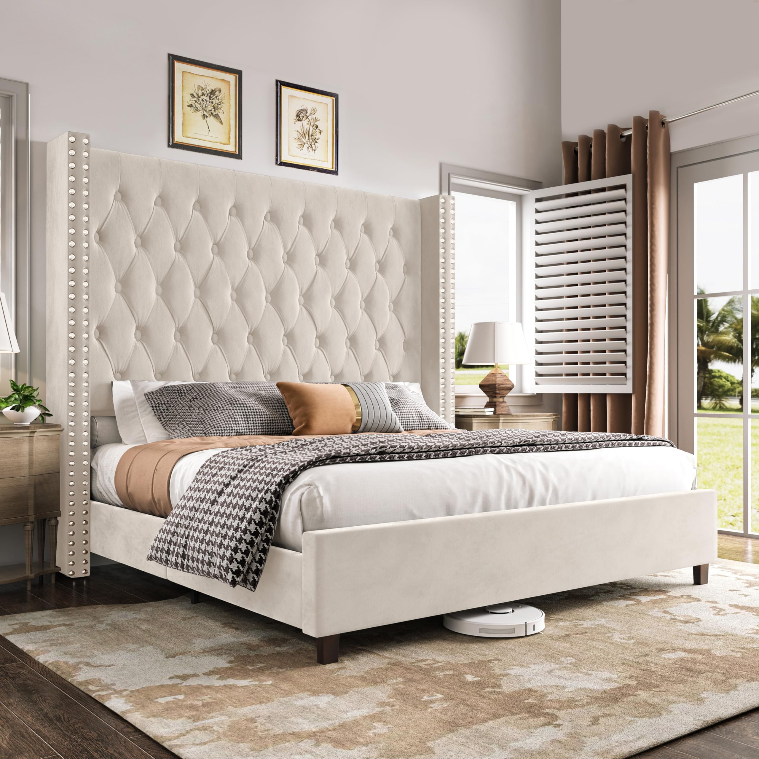 VanAcc California King Platform Bed Frame 61.4" Handmade Headboard Velvet Tall Upholstered Bed Deep Button Tufted for Bedroom, Easy Assembly, Cream