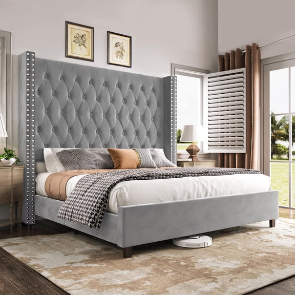 VanAcc California King Platform Bed Frame 61.4" Handmade Headboard Velvet Tall Upholstered Bed Deep Button Tufted for Bedroom, Easy Assembly, Grey
