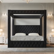 VanAcc Canopy Bed Frame Queen Size with 74.8" Tall Four-Post Design, Modern Deep-Tufted Velvet Upholstered Headboard with Charging Station, Black