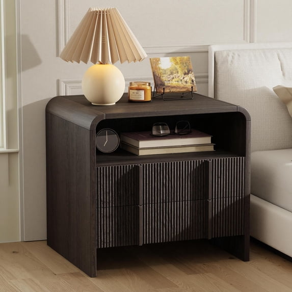 VanAcc Fluted Night Stand with Storage Drawers, Modern Small Nightstand with Open Shelf, Wood End Table for Bedroom, Living Room, Black