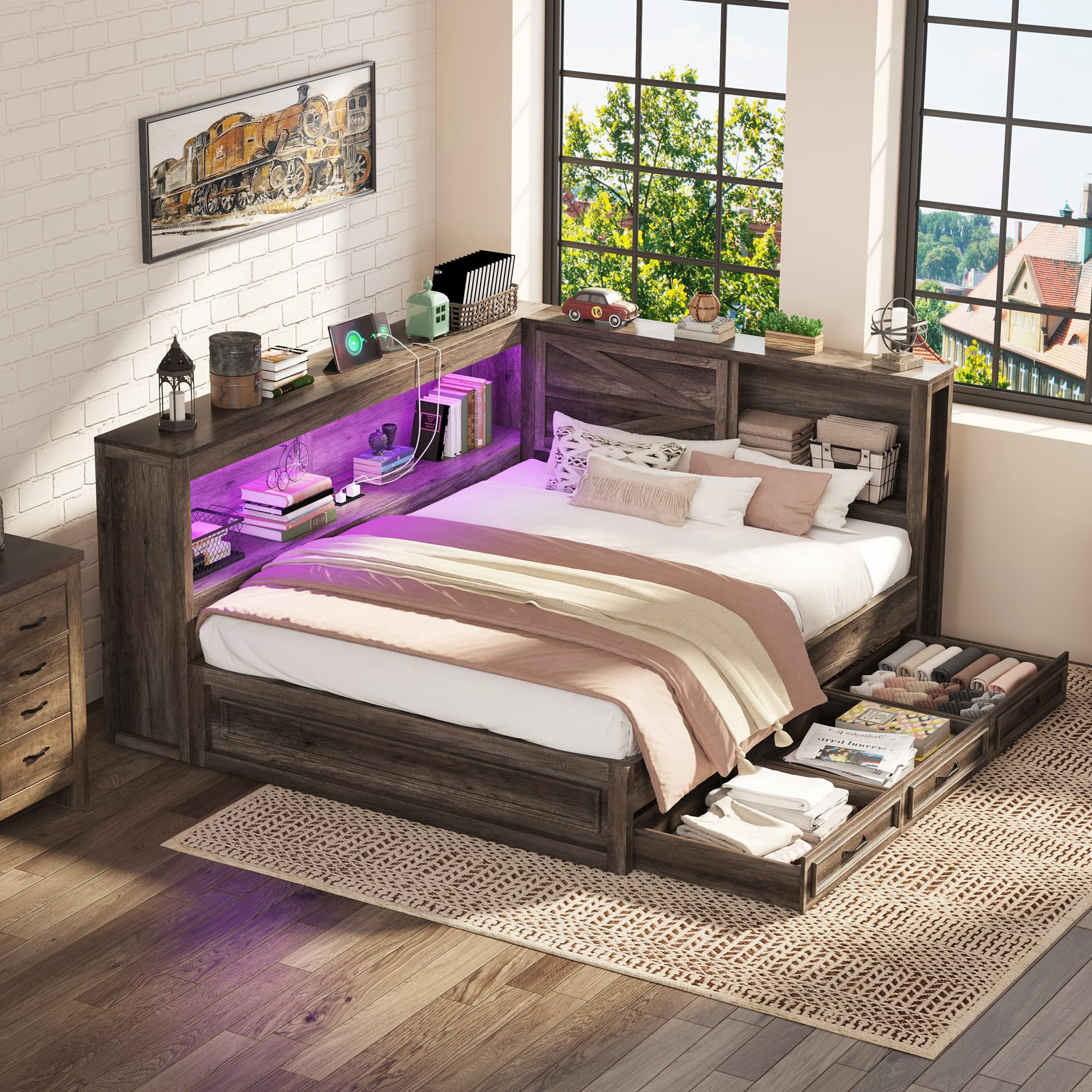VanAcc Full Corner Bed Frame with Storage Drawers and Bookcase ...