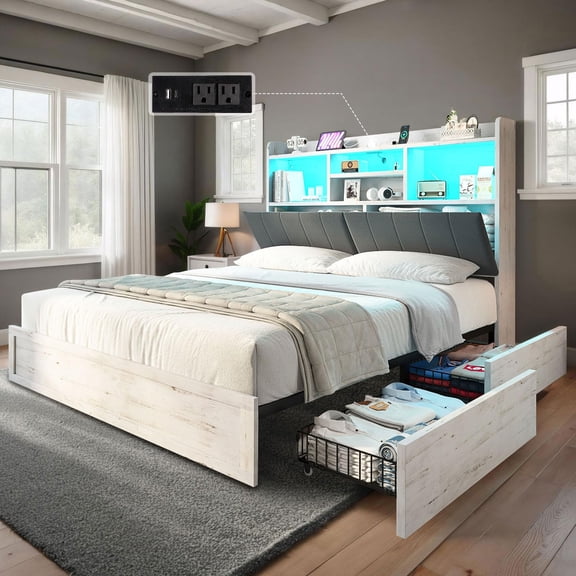 VanAcc Full Farmhouse Bed Frame with Bookcase Headboard and 4 Drawers, LED Storage Bed with Charging Station & Linen Upholstered, Distressed White