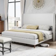 VanAcc Full Platform Bed Frame 51.2" High Headboard Tall Upholstered Bed/No Box Spring Required/Wood Slat Support/Easy Assembly White