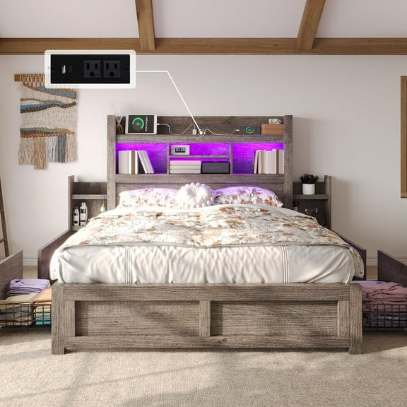 VanAcc Full Size Bed with 49.6" Bookcase Headboard, Dual Side Storage Racks, 4 Drawers, RGB LED Lighting, Charging Station, Grey