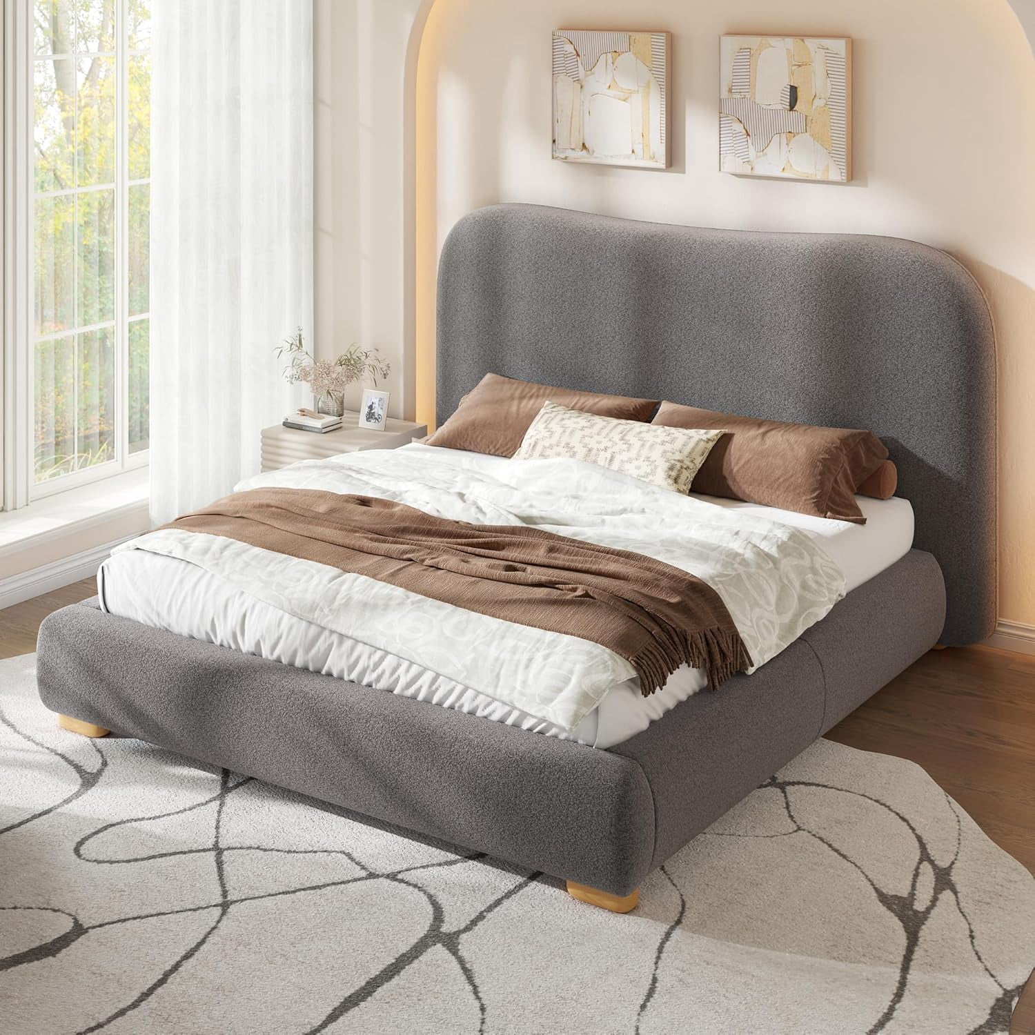 VanAcc Full Size Cloud Bed Frame, 7.1" Thick Curved Headboard, Modern Upholstered Platform Bed, Easy Assembly, Chenille Dark Grey