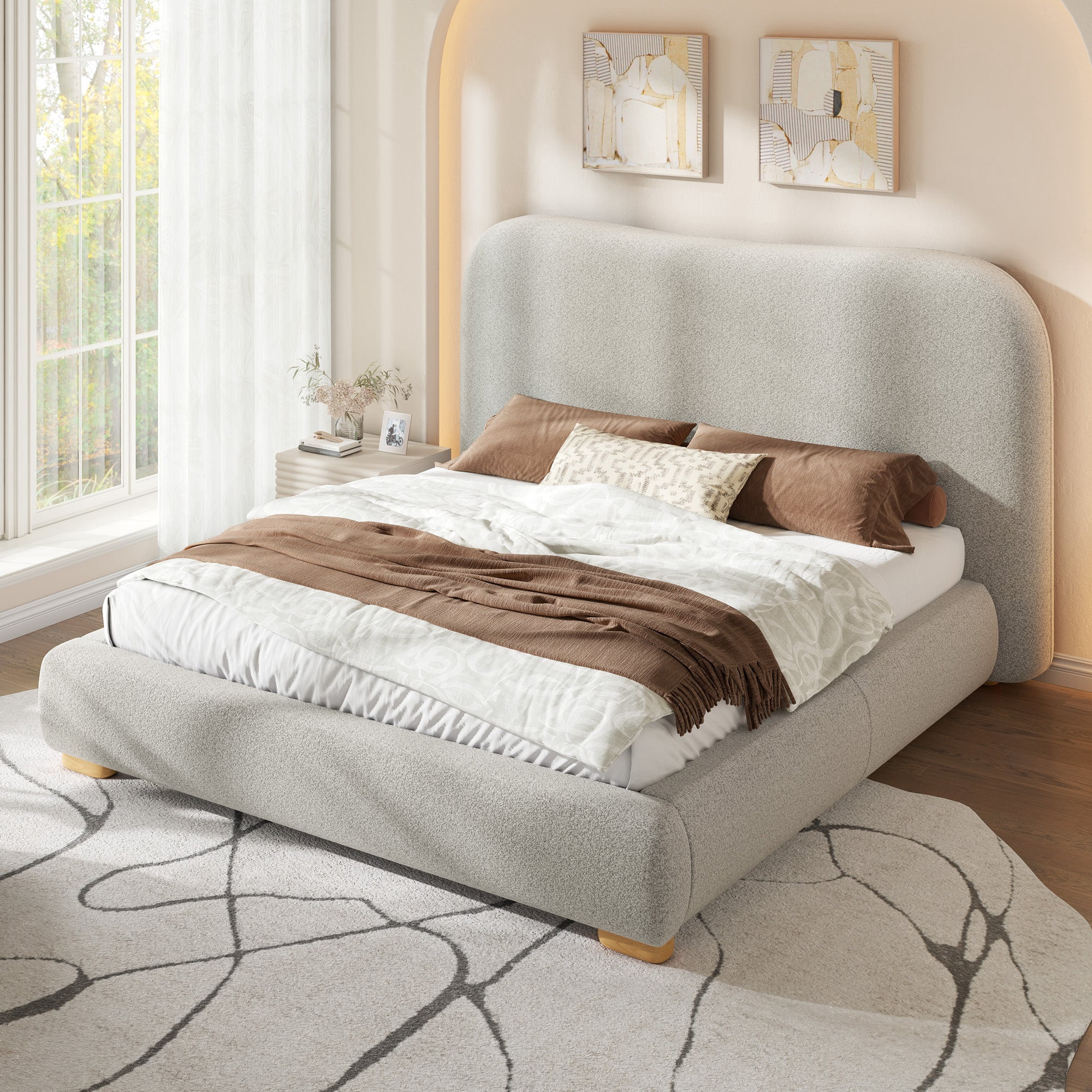 VanAcc Full Size Cloud Bed Frame, 7.1" Thick Curved Headboard, Modern Upholstered Platform Bed, Easy Assembly, Chenille Light Grey