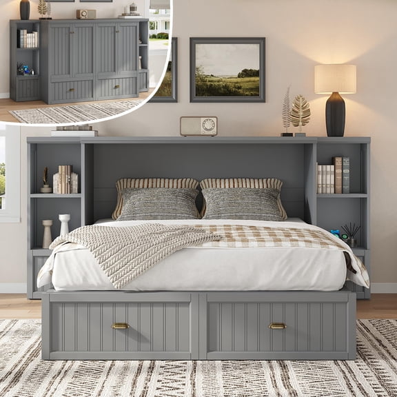 VanAcc Full Size Murphy Bed, Foldable Cabinet with 3 Storage Drawers & Charging Station, Farmhouse Hideaway Bed for Bedroom, Guest Room, Grey