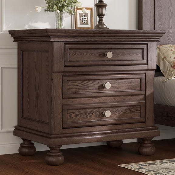 VanAcc Fully Assembled Nightstand, 26" Extra Large Solid Wood End Table with 2 Storage Drawers, Traditional Bedside Cabinet for Bedroom, Black Walnut
