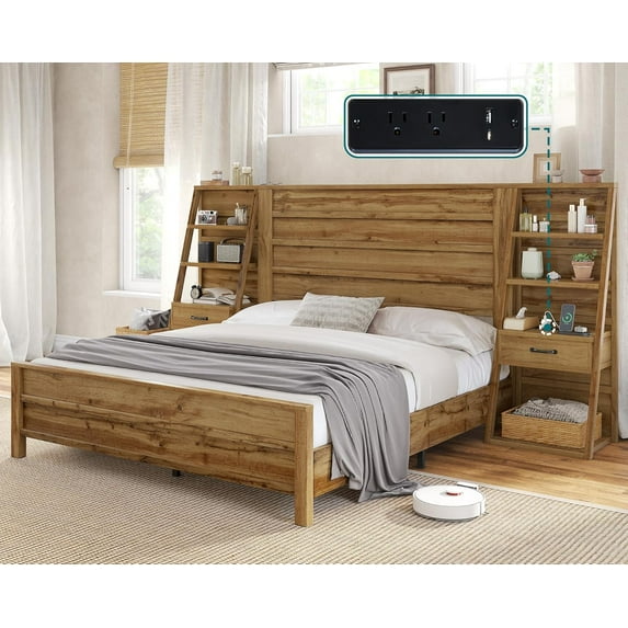 VanAcc King Bed Frame with 47.2" H Headboard and 4-Tier Bookshelves, Farmhouse with Charging Station & 2 Drawers for Bedroom, Natural Oak