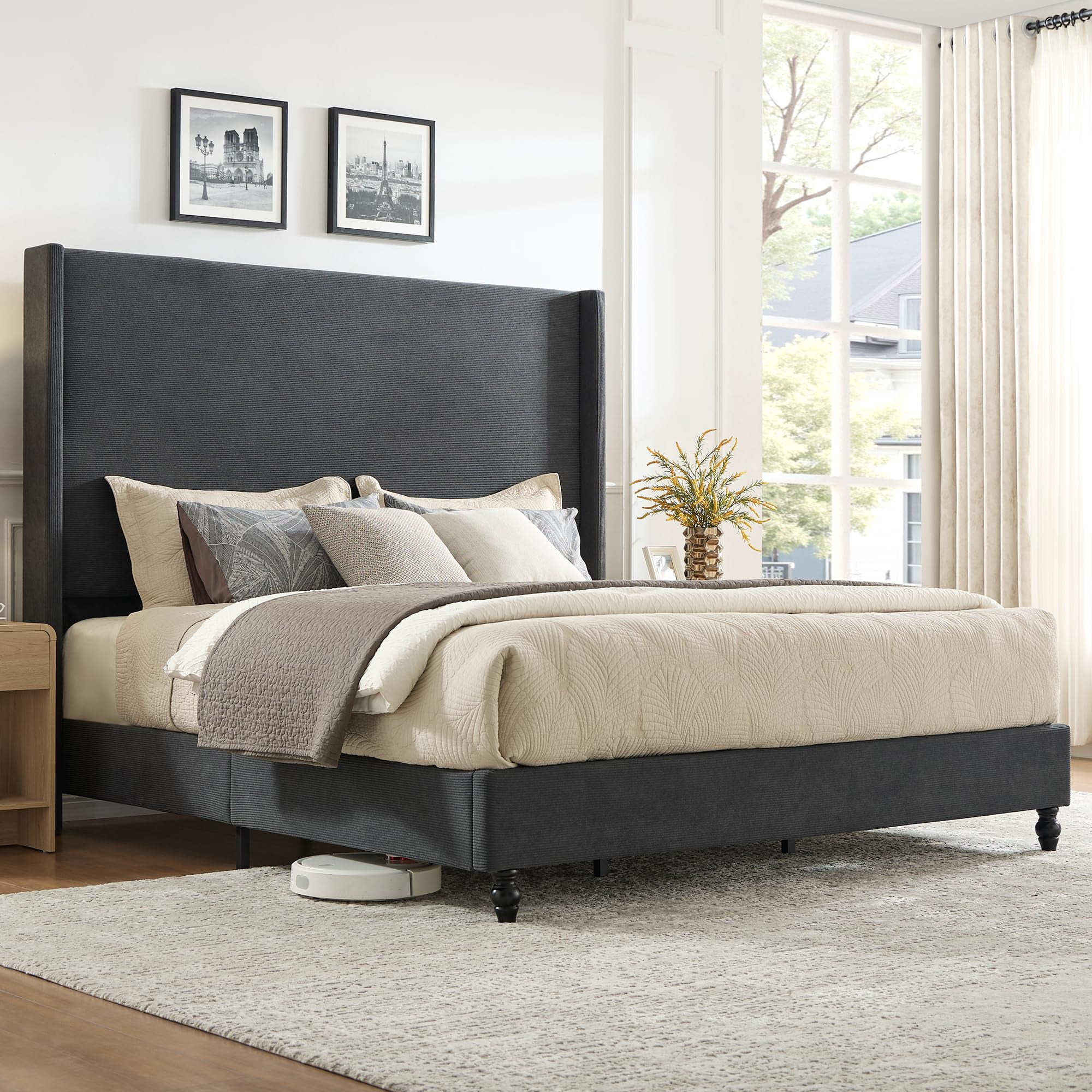 VanAcc King Bed Frame with 65" Tall Headboard, Horizontal Fine Corduroy Bed Frame with Upholstered Wingback, Vintage Solid Wood Gourd Legs, Black