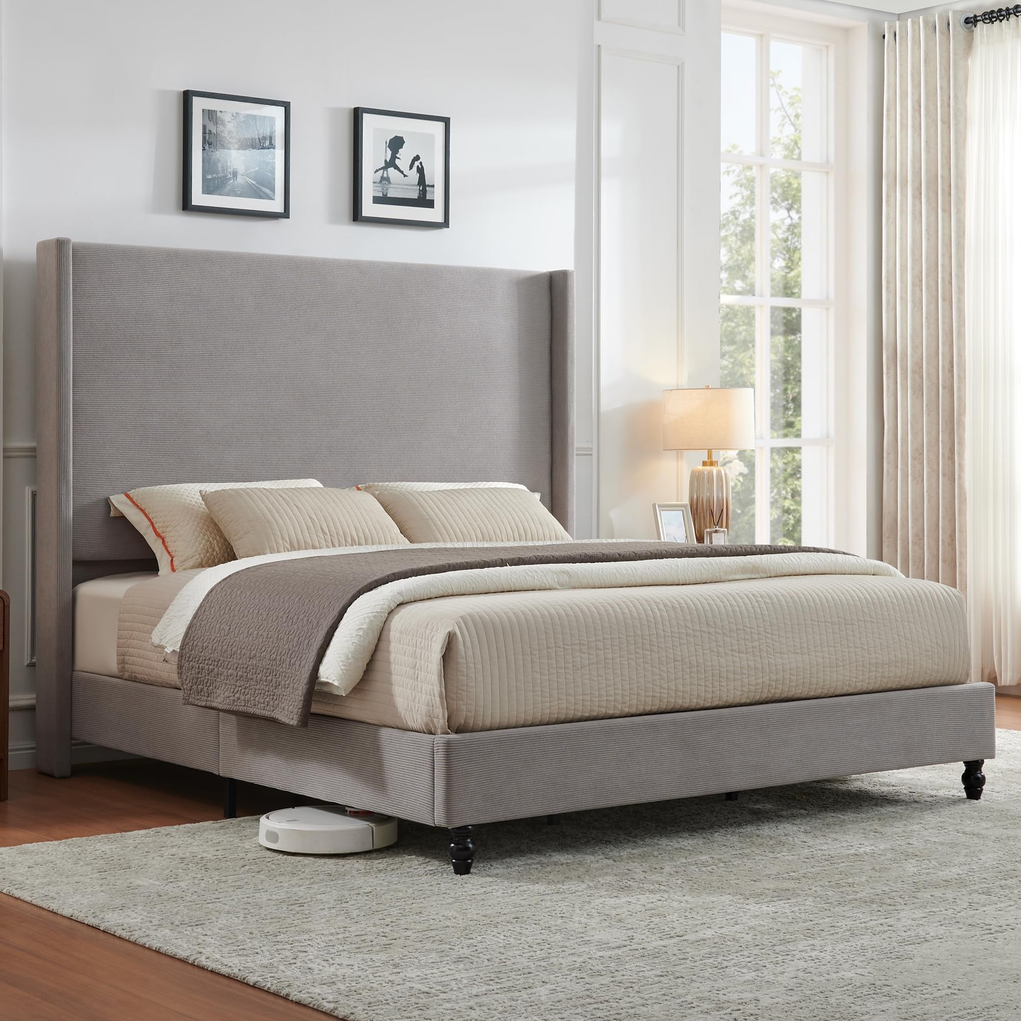 VanAcc King Bed Frame with 65" Tall Headboard, Horizontal Fine Corduroy Bed Frame with Upholstered Wingback, Vintage Solid Wood Gourd Legs, Grey