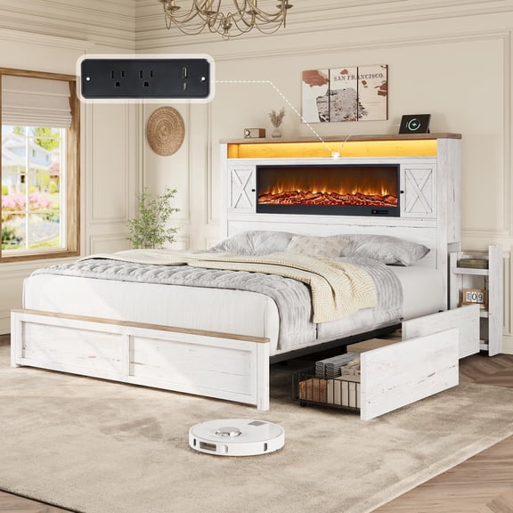 VanAcc King Bed Frame with Fireplace, Farmhouse with 57" Headboard, Barn Door Cabinets, 4 Drawers, RGB LED & Charging Station, Distressed White