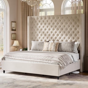 VanAcc King Size Bed Frame with 65" Tall Headboard, Upholstered Wingback Platform Design, Solid Wood Legs, Cream