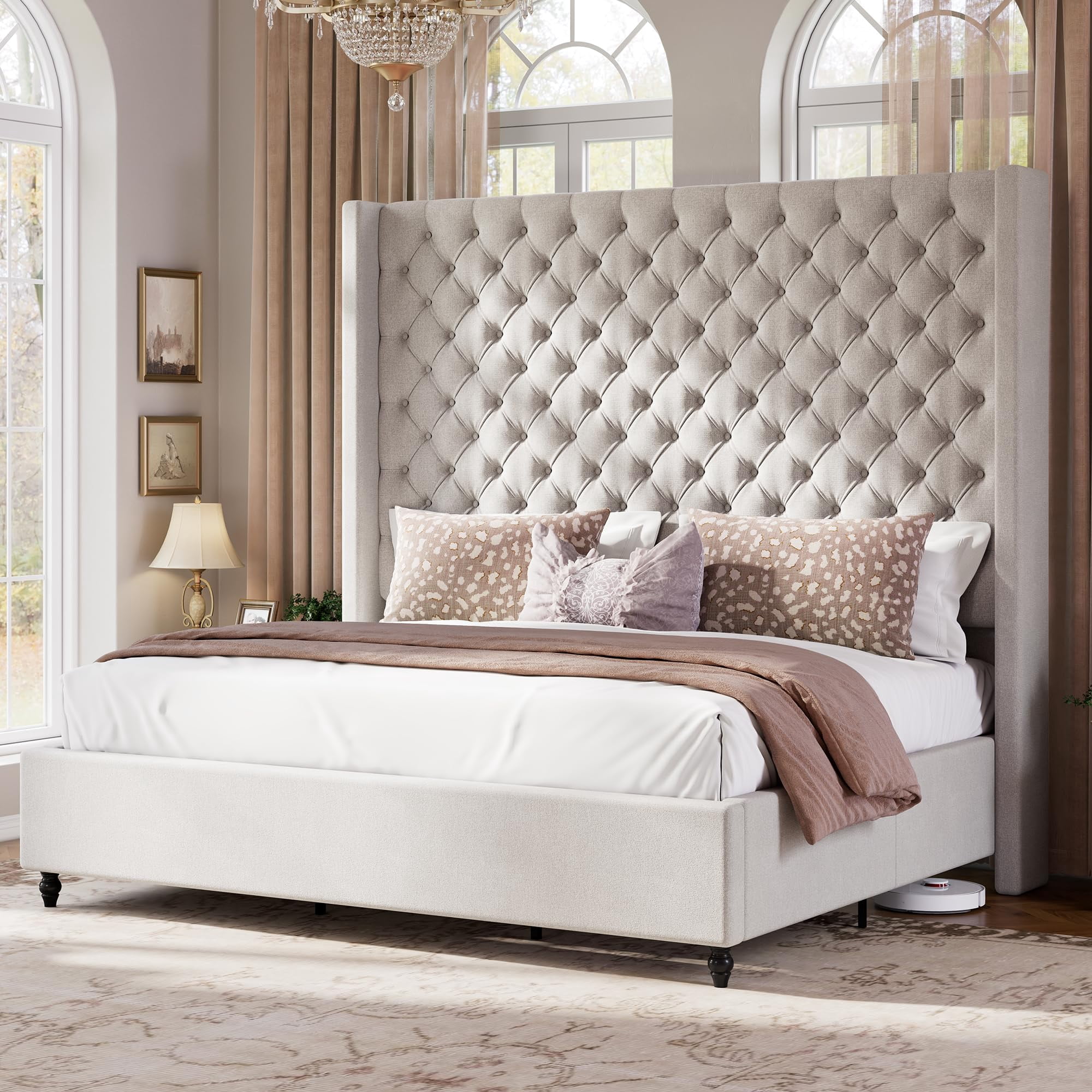 VanAcc King Size Bed Frame with 65" Tall Headboard, Upholstered Wingback Platform Design, Solid Wood Legs, Grey