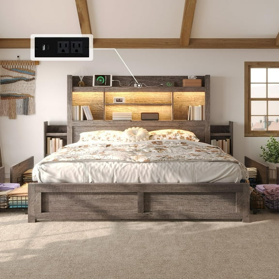 VanAcc King Size Bed with 49.6" Bookcase Headboard, Dual Side Storage Racks, 4 Drawers, RGB LED Lighting, Charging Station, Grey