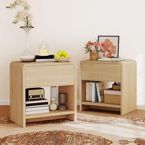 VanAcc Modern Nightstand Set of 2 with Storage Drawer & Open Shelves, 24" Round Bedside Table for Bedroom, Living Room, Natural Oak