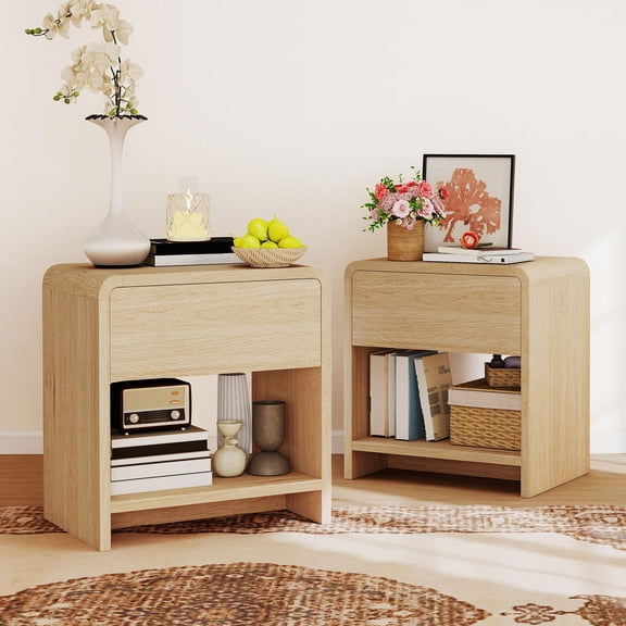 VanAcc Modern Nightstand Set of 2 with Storage Drawer & Open Shelves, 24" Round Bedside Table for Bedroom, Living Room, Natural Oak