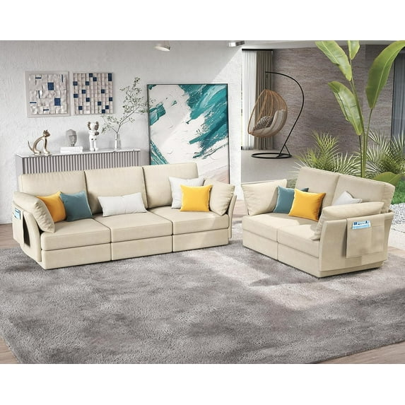VanAcc Modular Sectional Sofa, 5 Seats 3 Seater and Loveseat 2 Piece Couch, Oversized Sectional Sofa with Storage, Ottomans- Chenille Beige Couch