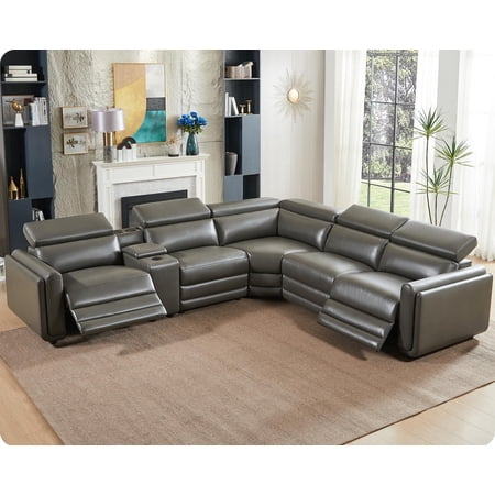 VanAcc Power Recliner Sofa, 129 Inch Oversized Reclining Sofa with Console & Speaker, 5 Seats L Shaped Sectional Couch, Dark Grey Leather