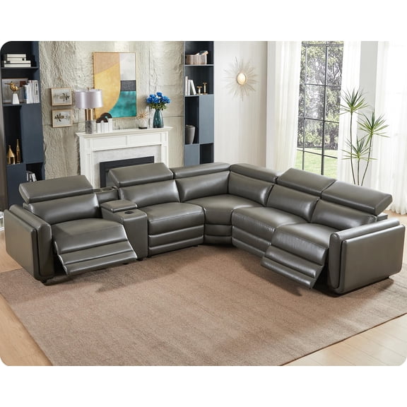 VanAcc Power Recliner Sofa, 129 Inch Oversized Reclining Sofa with Console & Speaker, 5 Seats L Shaped Sectional Couch, Dark Grey Leather