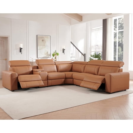 VanAcc Power Recliner Sofa, Electric Reclining Sofa with Console & Dual Recliner, Leather Sectional Couch for Living Room, Brown