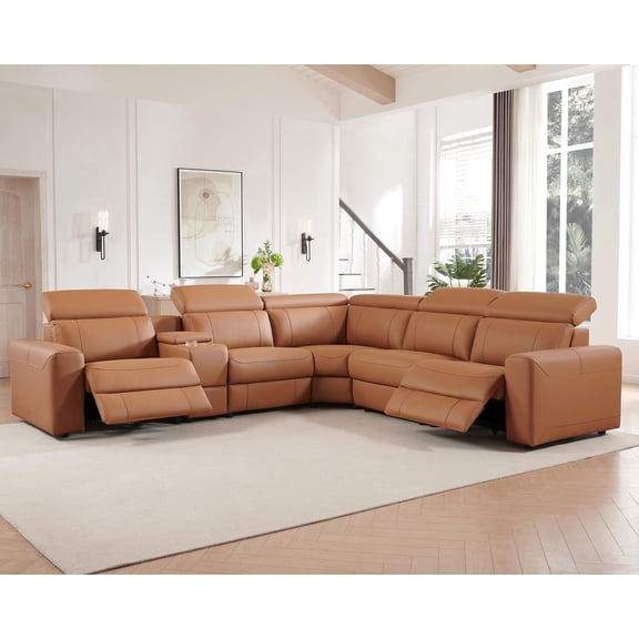 VanAcc Power Recliner Sofa, Electric Reclining Sofa with Console & Dual Recliner, Leather Sectional Couch for Living Room, Brown
