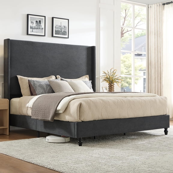 VanAcc Queen Bed Frame with 63" Tall Headboard, Horizontal Fine Corduroy Bed Frame with Upholstered Wingback, Vintage Solid Wood Gourd Legs, Black