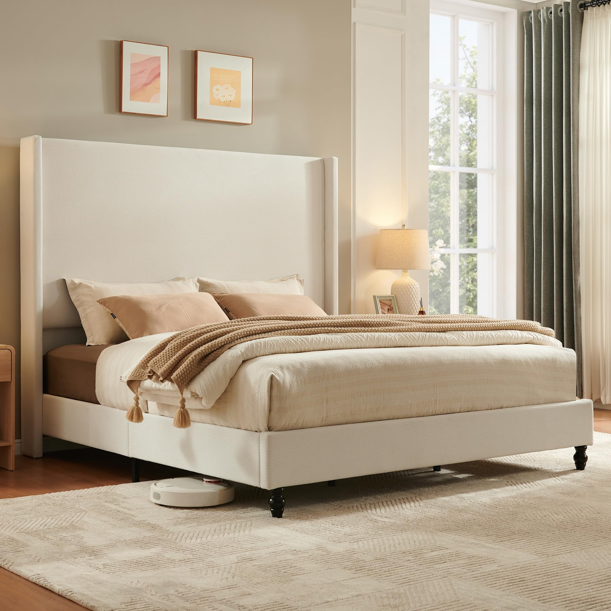 VanAcc Queen Bed Frame with 63" Tall Headboard, Horizontal Fine Corduroy Bed Frame with Upholstered Wingback, Vintage Solid Wood Gourd Legs, Cream